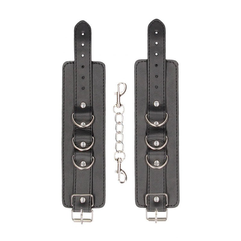Ouch!  & white bonded leather hand or ankle cuffs - Product top view  | Flirtybay.com.au